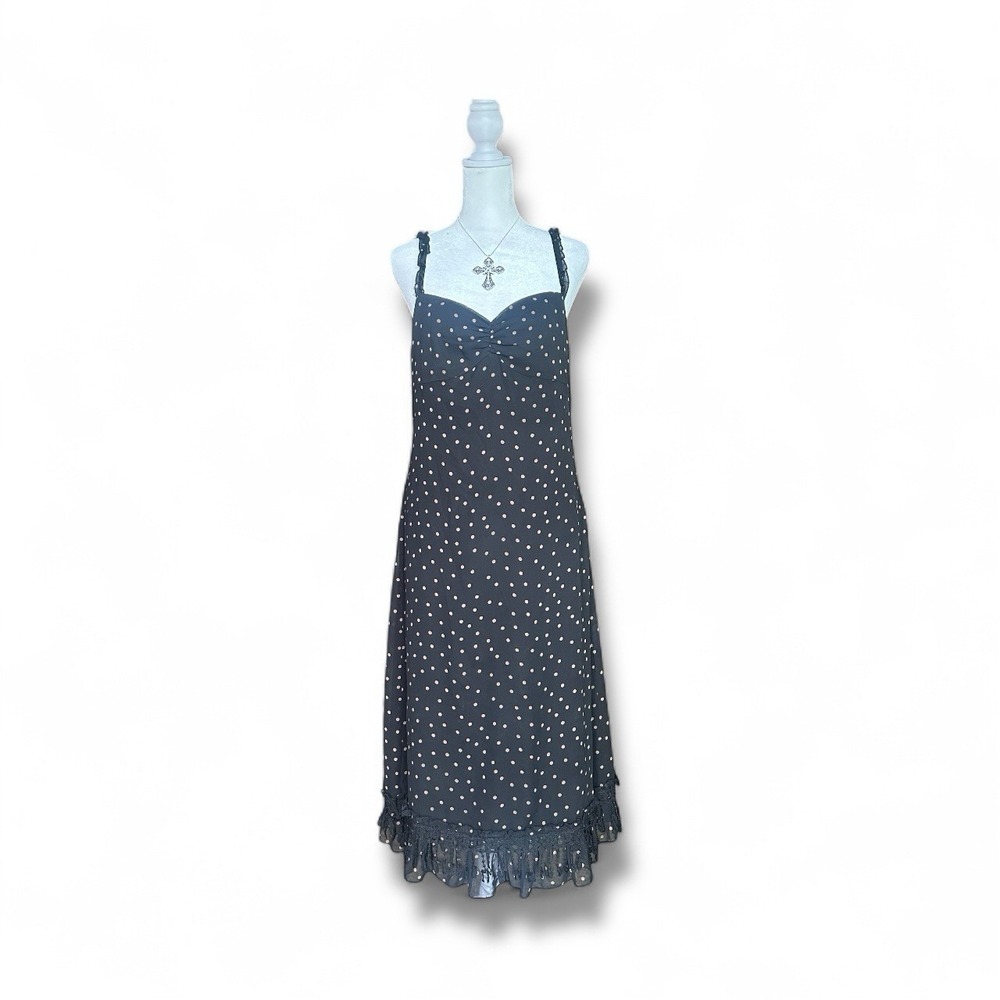 Women's Black Polka Dot Ruffle Hem Dress M Lined Zip Retro Chic Cottagecore Y2K